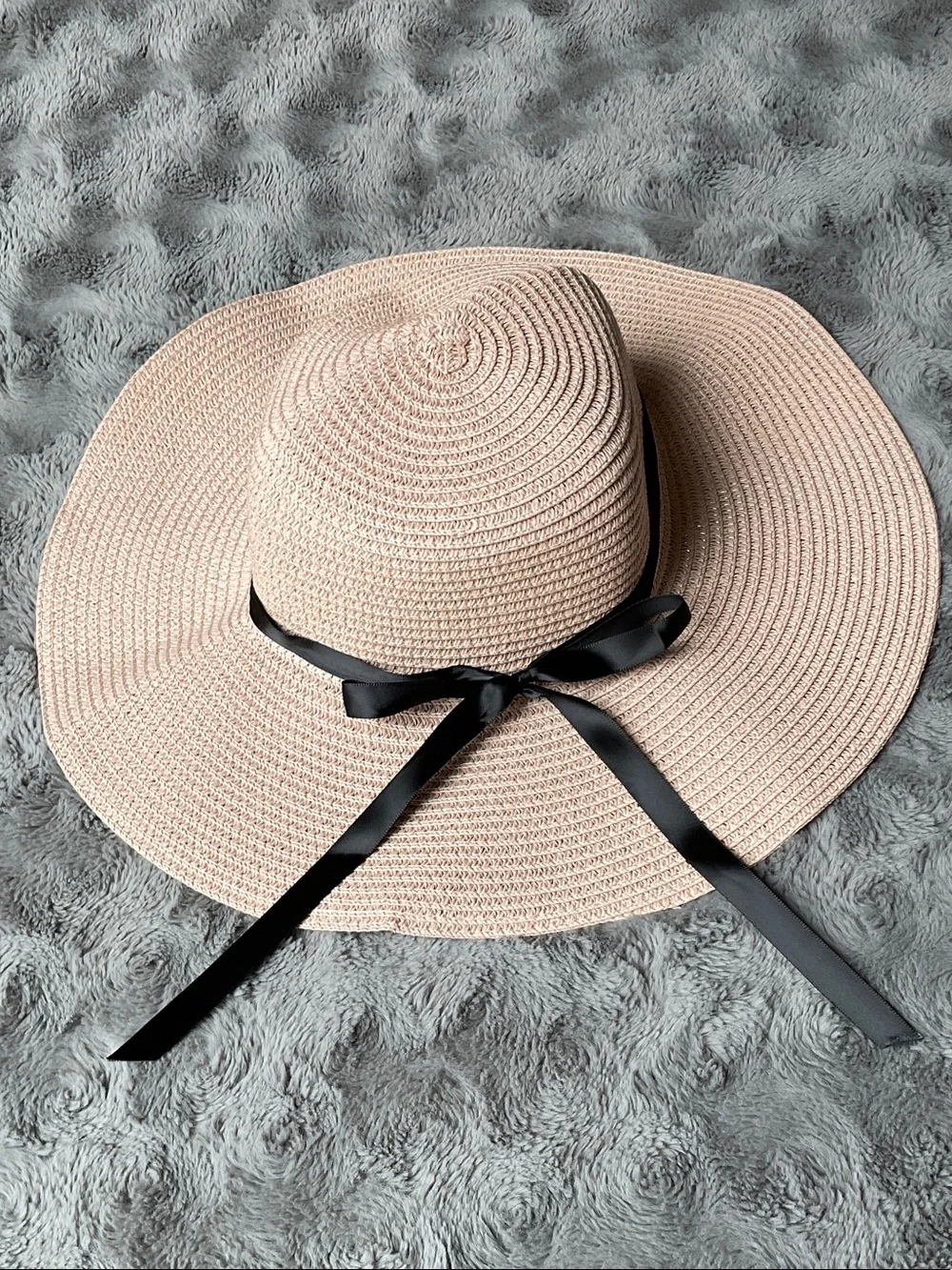 Wide Brim Straw Sun Hat with Black Ribbon - Blush Pink